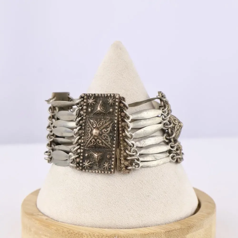 Vintage‎ Sterling Silver Mexico Panel Bracelet Wide Tribal Ethnic Link Cuff 8”